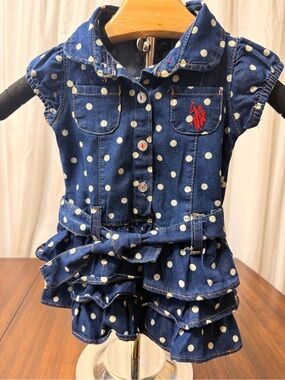 U.S. Polo Assn Baby Girl Denim Polka Dot Ruffle Dress Romper 6/9M Belted